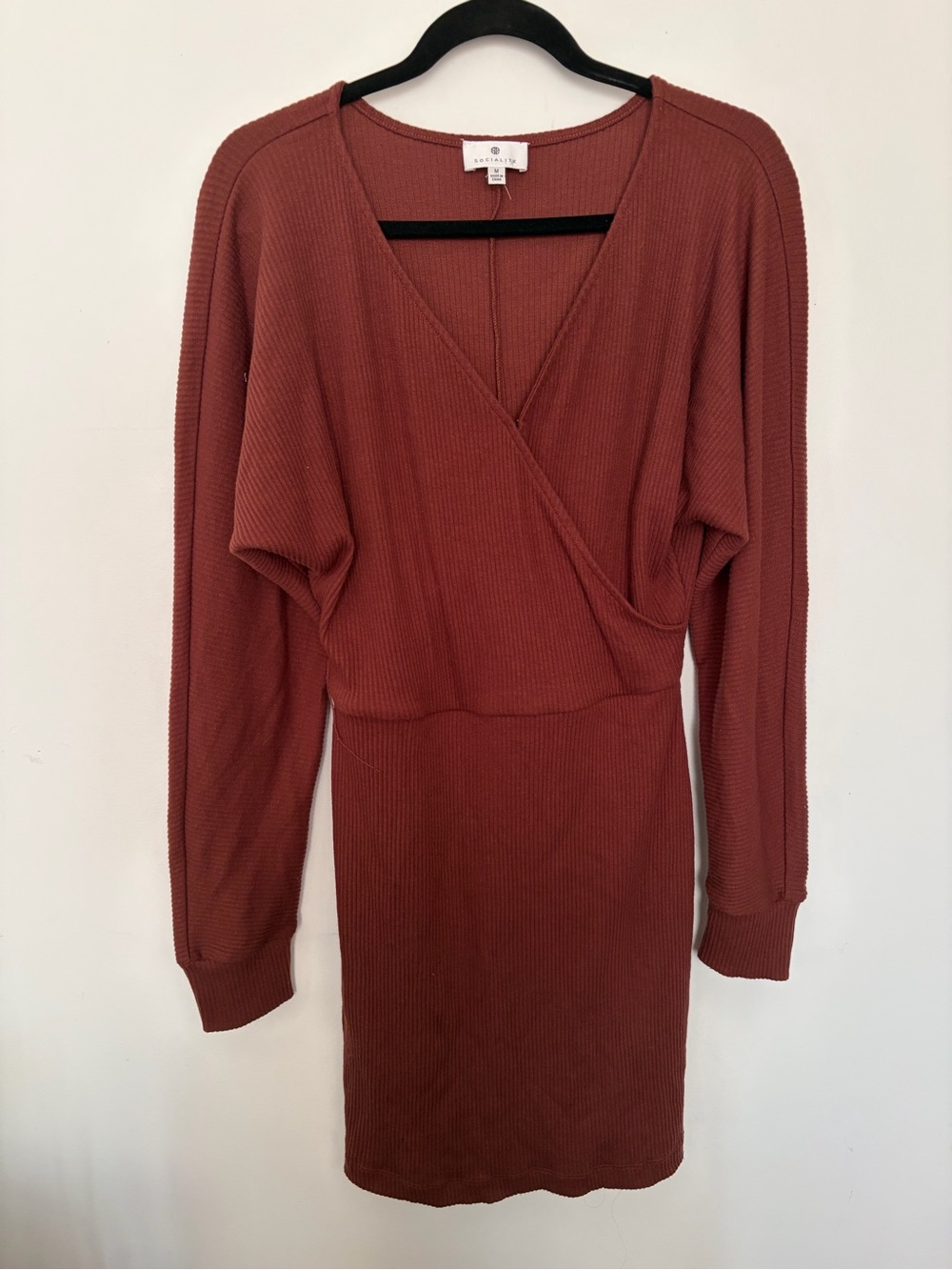 Socialite Ribbed Wrap-Front Dress in Rust - Picture 2 of 7